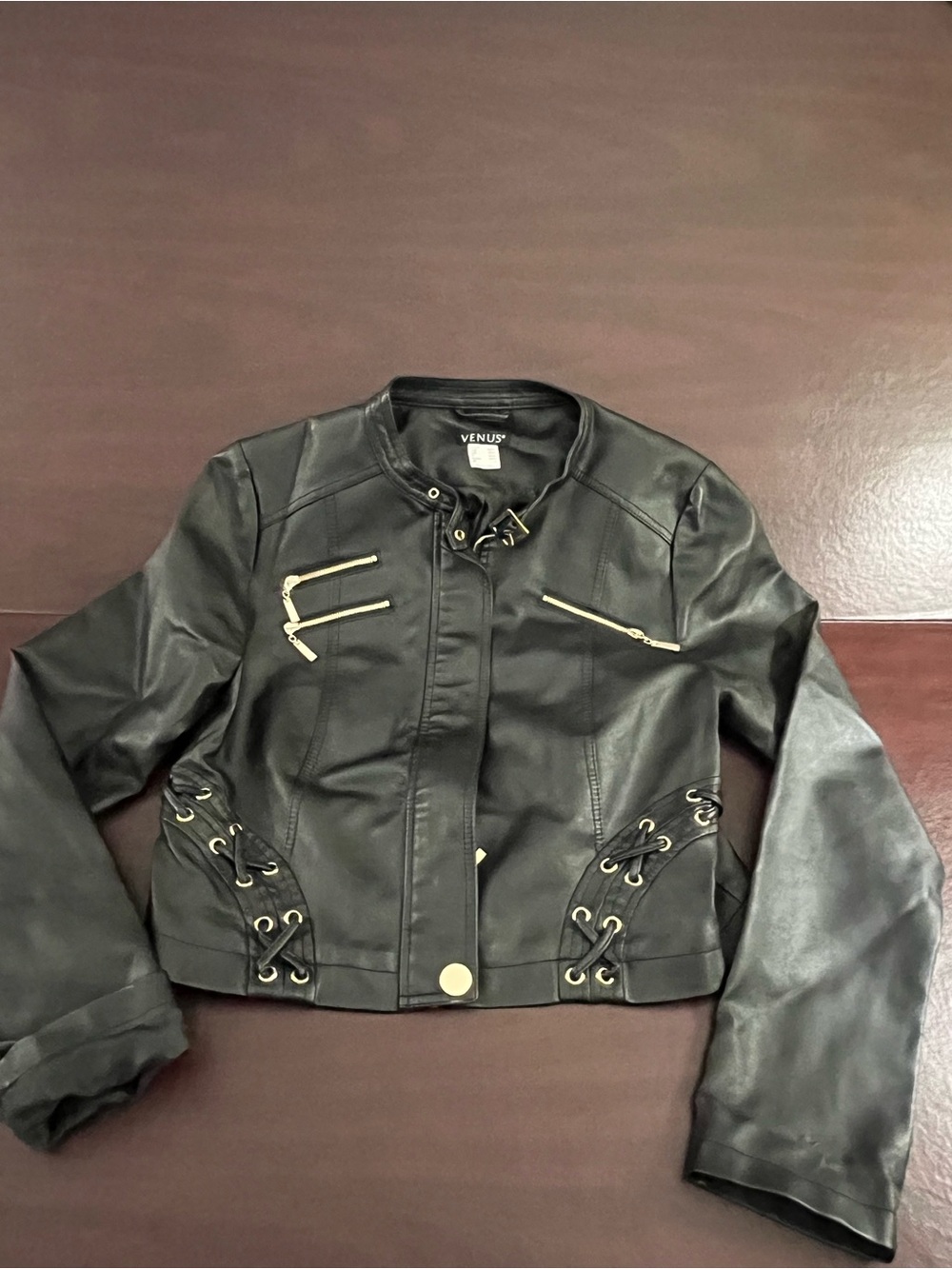 VENUS Black Faux Leather Cropped Moto Jacket with Lace-Up Sides